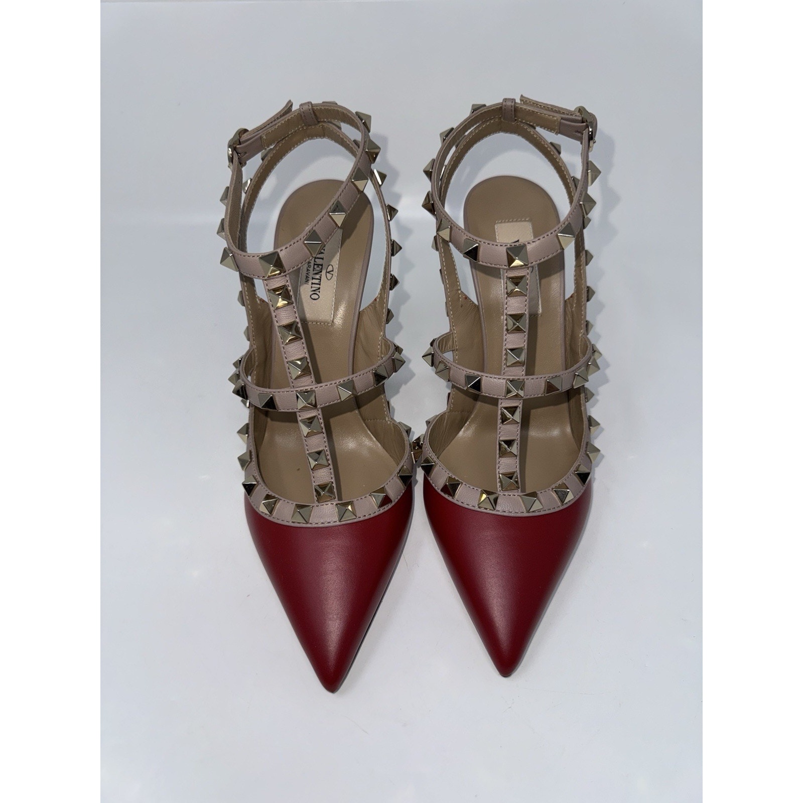 Authentic Valentino Garavani Rockstud Ankle Strap High Heel Pumps Red/Beige 37